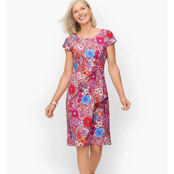 Talbots Island Floral Paisley Dress XL Knot Tie Catalina Cloth Short Sleeve Pink - Picture 1 of 13